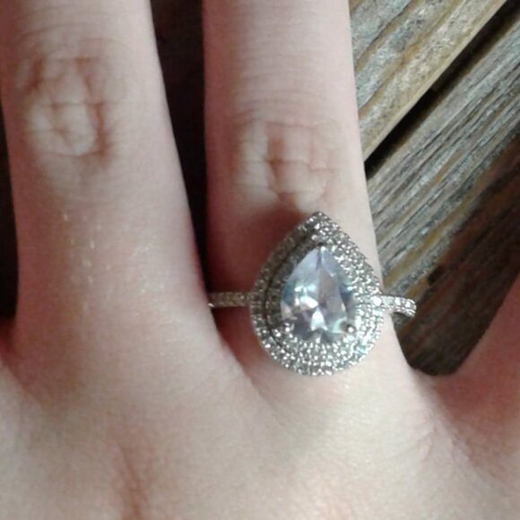 Pear-Cut Double Halo Engagement Ring CZ 925 Sterling 1.5cm Length Good Cond 7.75 - Picture 7 of 8